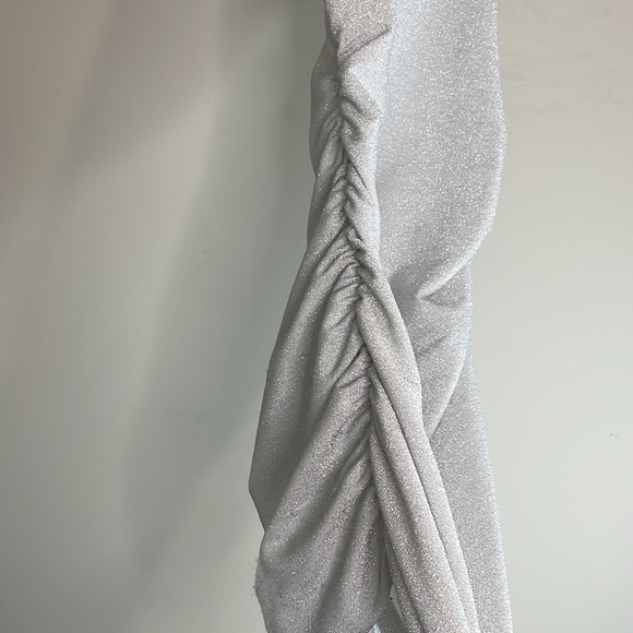 Shein Shimmer Silver Metallic Mini Dress Side Ruched Square Neck Spaghetti XSP - Picture 5 of 11
